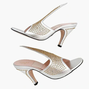 NIB Gucci Fedra Crystal-Embellished Heels in Argento (Metallic Silver) 36